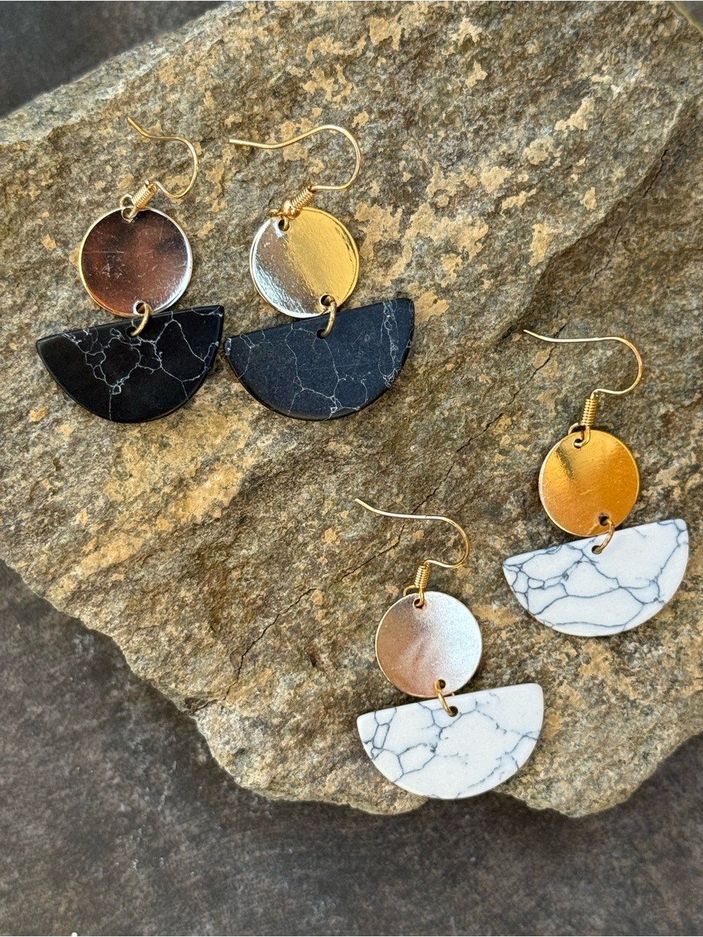 Gold Accented Black and White Marble Half-Moon Earrings